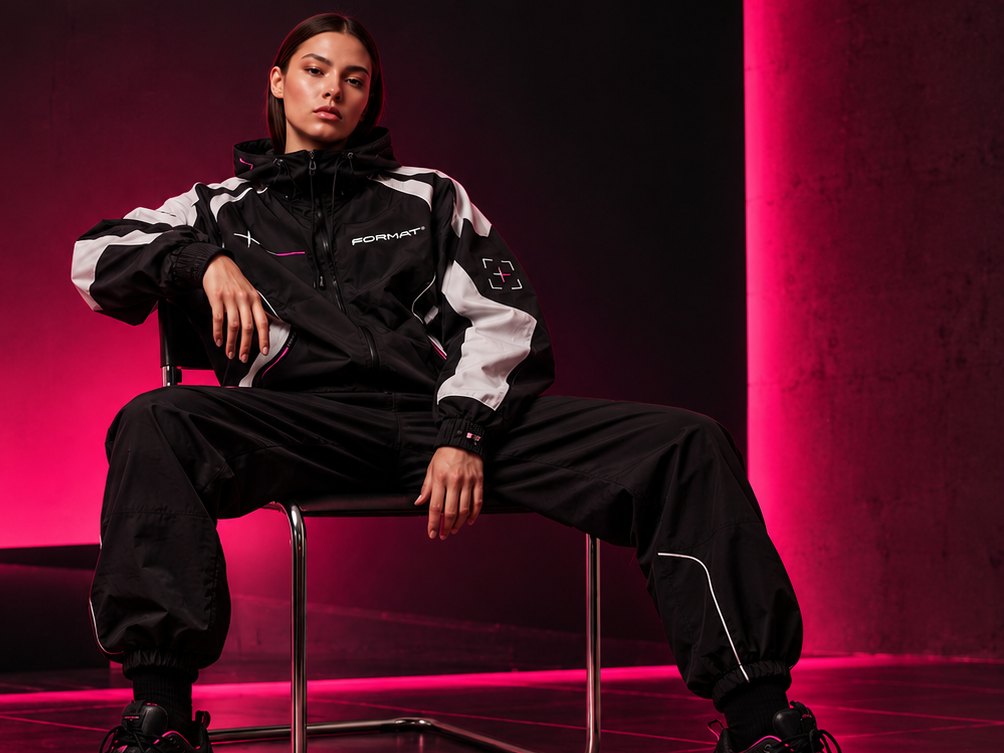 Model seated on a chrome chair in a black and white FORMAT track jacket under red light